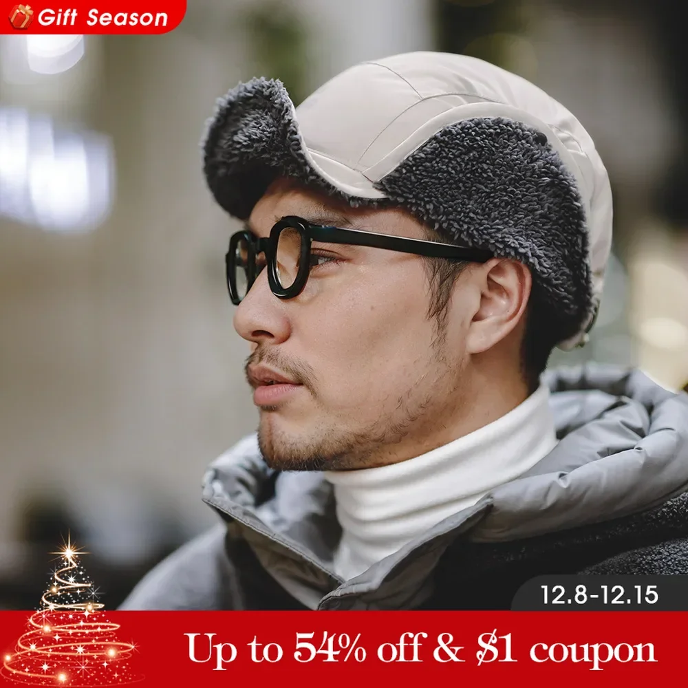 Maden Vintage Fleece Outdoor Ear Protection Earcuff Cap Warm Aviator Beanie for Winter Gray with 56-62cm Flat Brim Hats