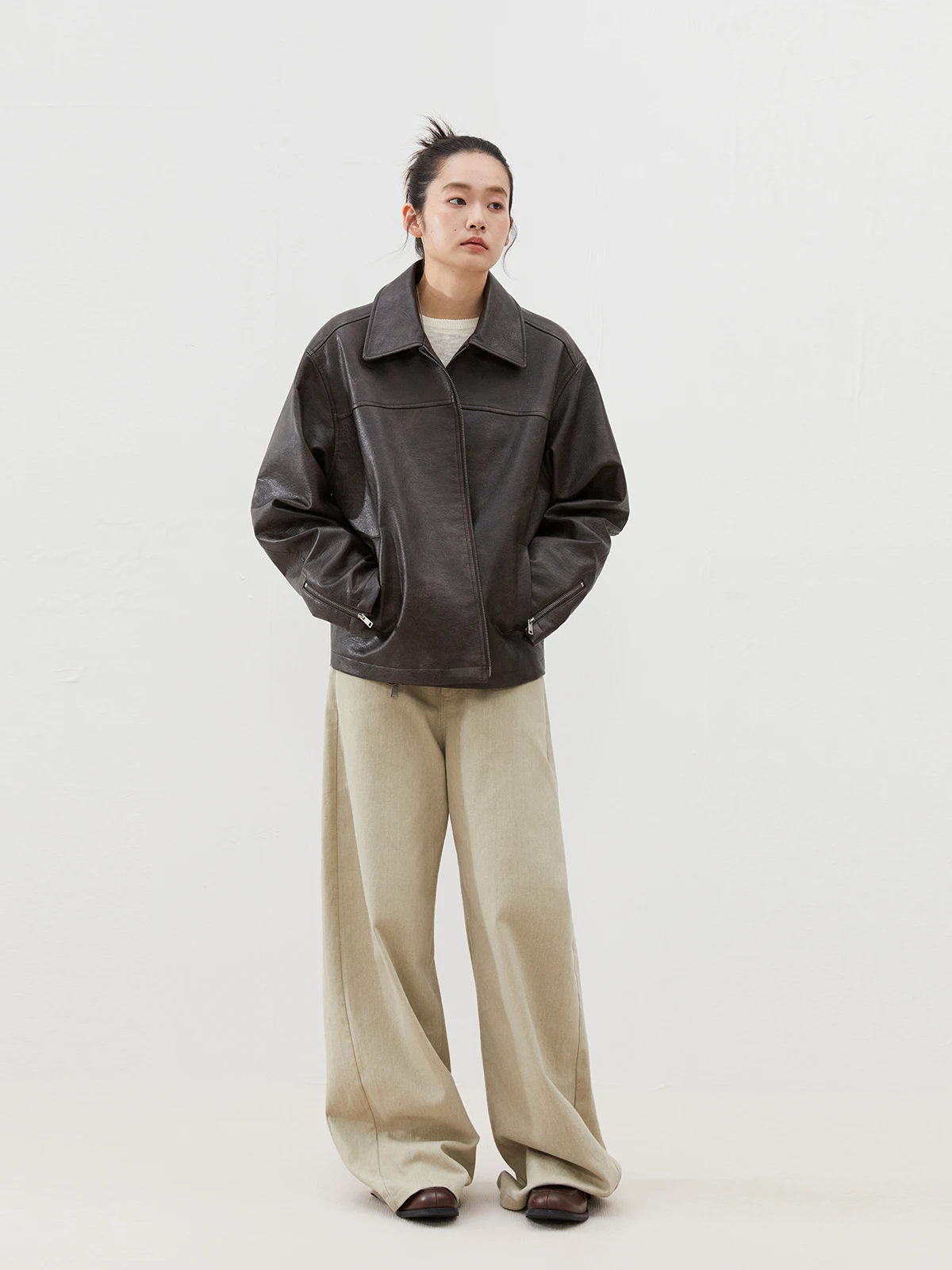 

INRM Retro Brown Leather Jaet Zipper ort Loose Women's Biker Sle Top Spring Autumn PU Material Long Sve Coat