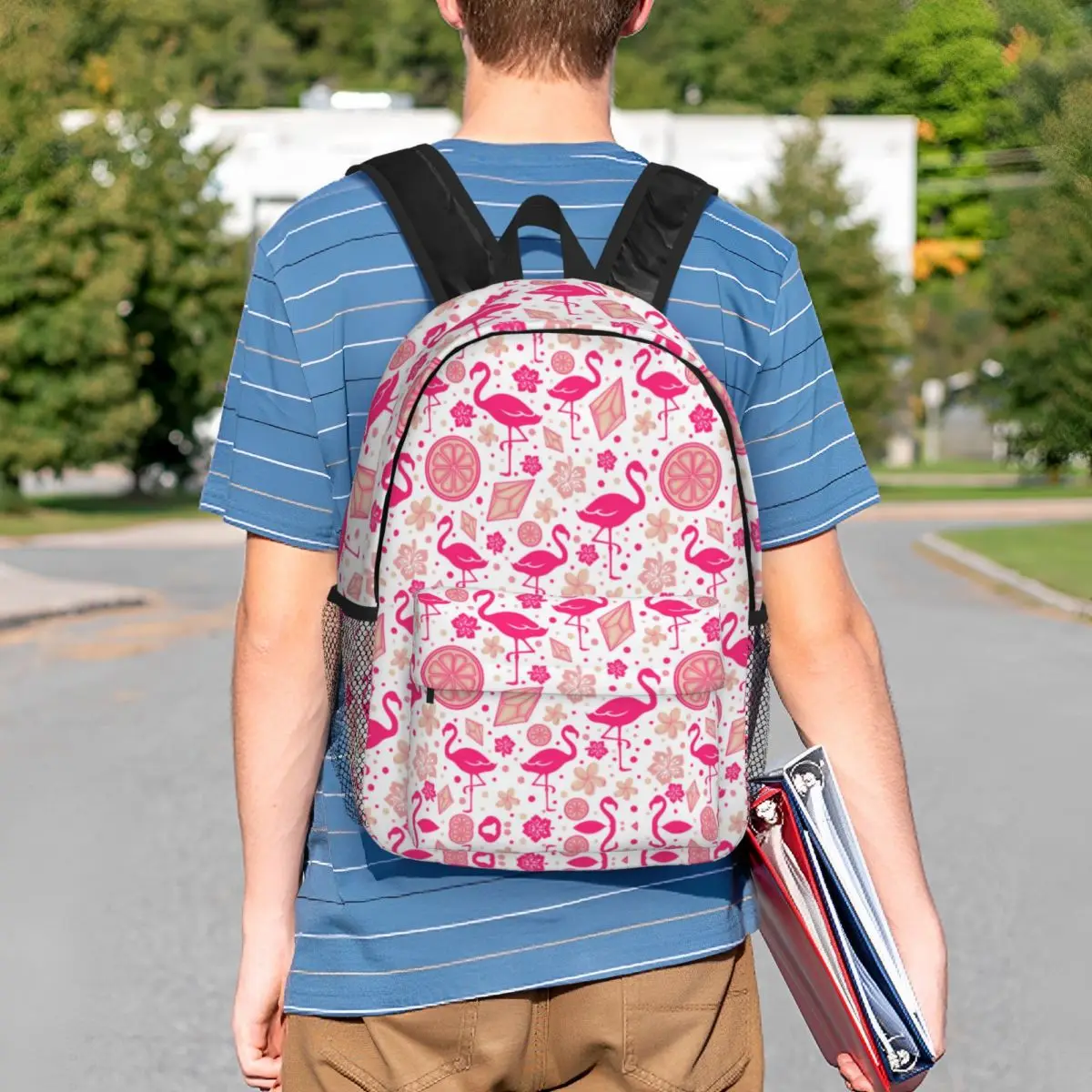 Mochila de laptop padrão flamingo rosa, bolsa casual para estudantes universitários bolsas, vibes flamingos, homens e mulheres, fofas, verão