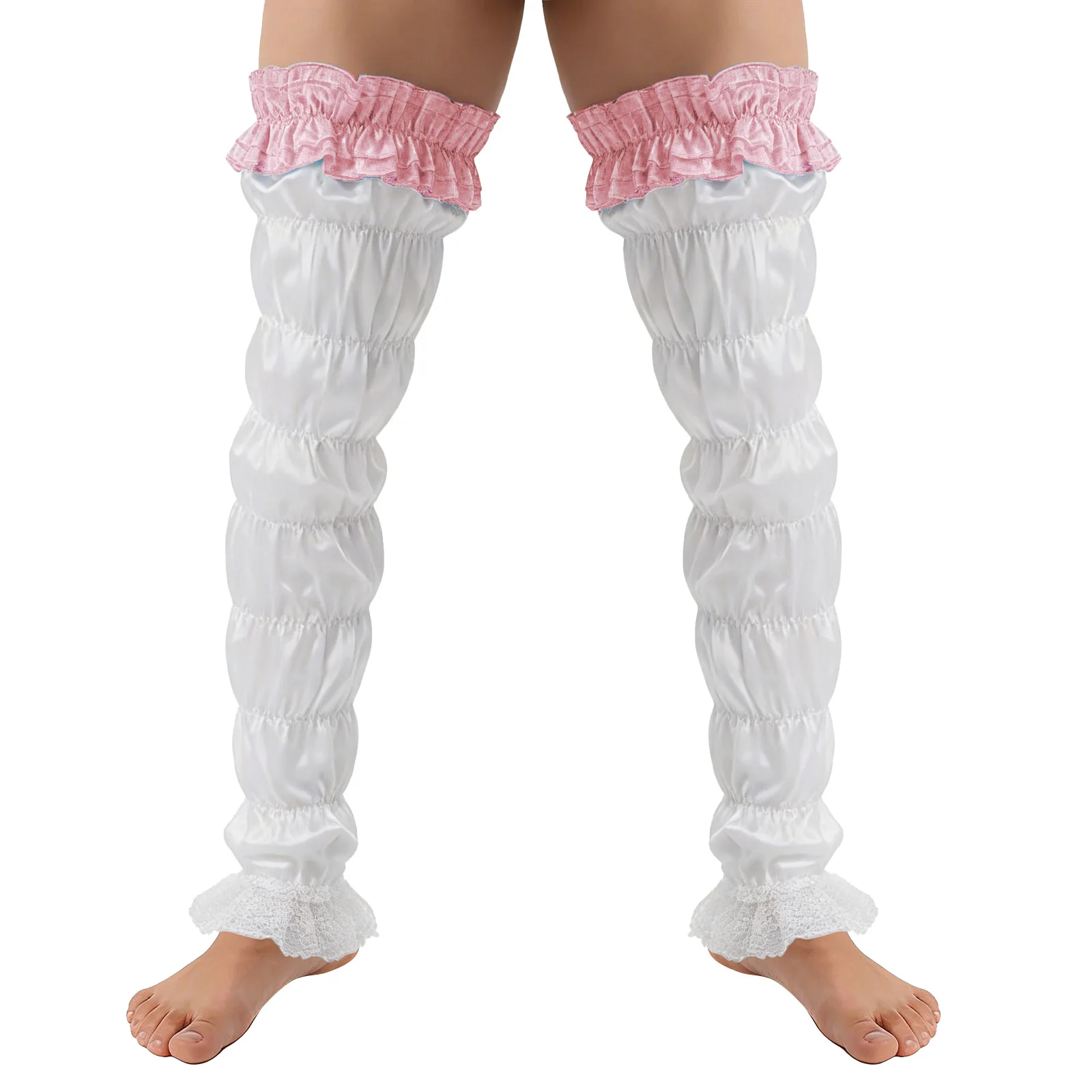 

1 Pair Mens Satin Ruffled Sissy Stockings Drag Queen Leg Warmers And Floral Lace Trim Elastic Footless Stockings for Rave Party