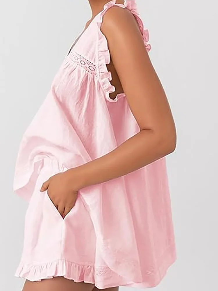 

Women Casual Ruffle Spliced Lace Outfits Spring V Neck Backless Tank Top & Tie-up Shorts Set Summer Butterfly Sleeve Hollow Suit