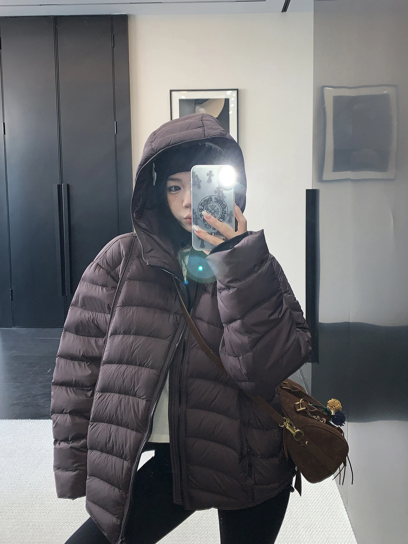 

Women's Casual Sle Lightweight Loose Fit Durable down Jaet with Hood Ribbone Pattern Design Warm ort Length Coat