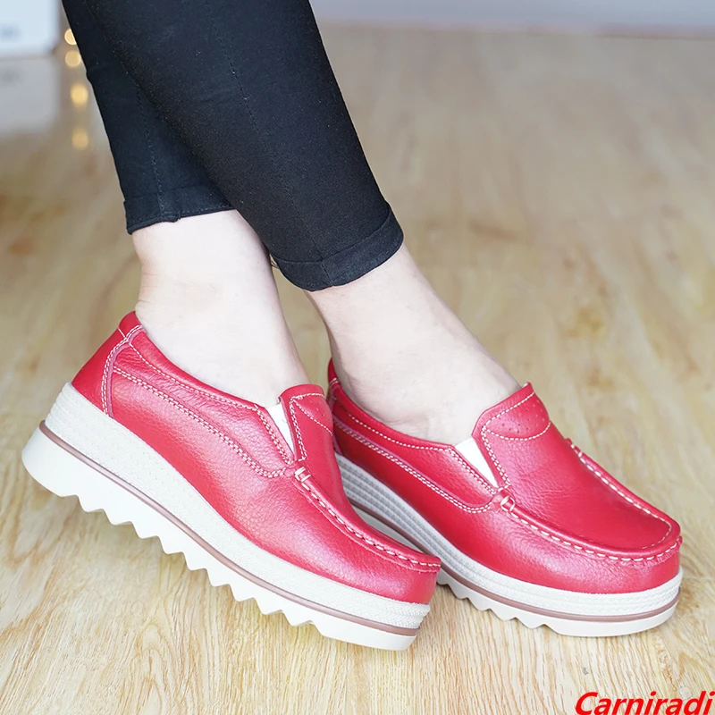 Genuine Leather Height Increase Flatform Shoes Women Spring Slip-on Mother Wedges Casual Sneakers Ladies Plattorm Walking Shoes