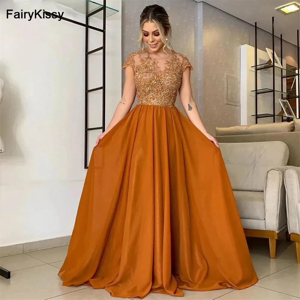 

FairyKissy A-Line Chiffon Prom Dress Long Beaded Appliques Scoop Cap Sleeves Evening Gowns Illusion Back Formal Occasion Dresses