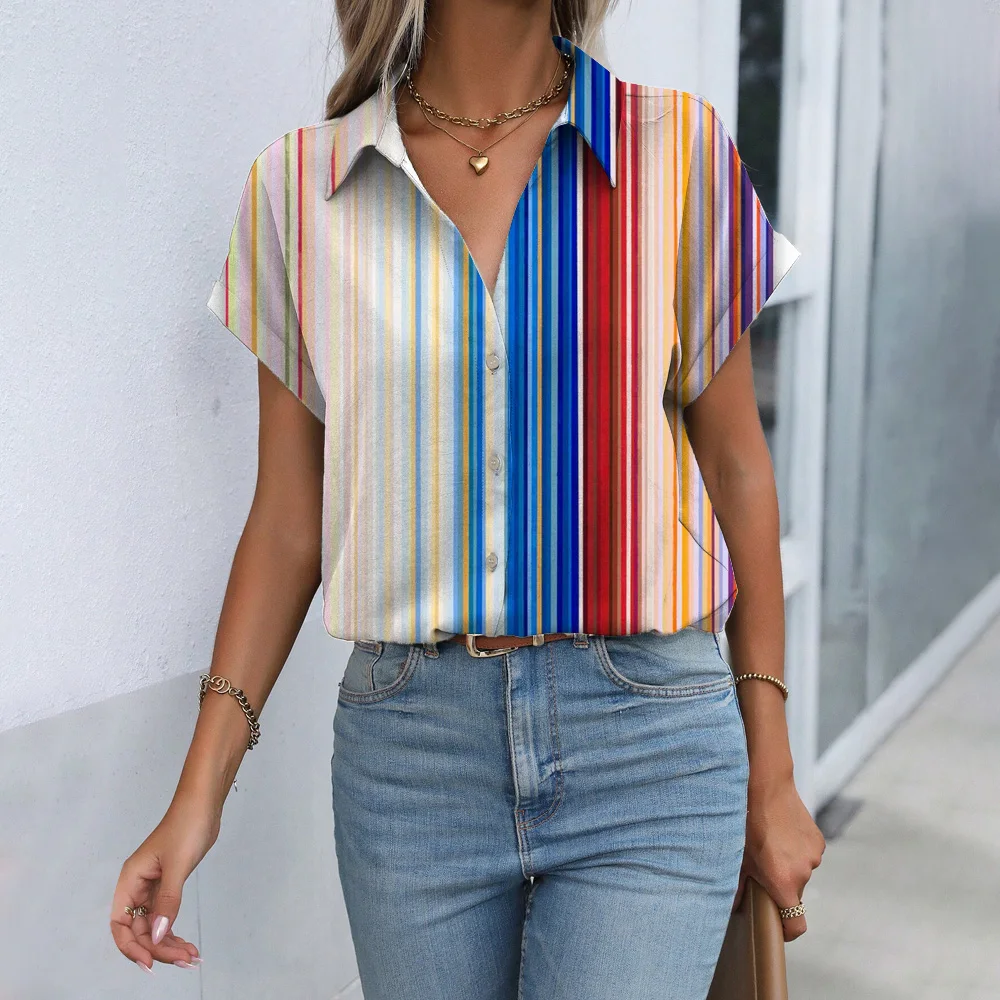 2024 Damesoverhemden En Blouses, Elegante 3dkleurige Blouses Met Streepjesprint Dameskleding, Zomer Casual Blouse-Tops Met Revers