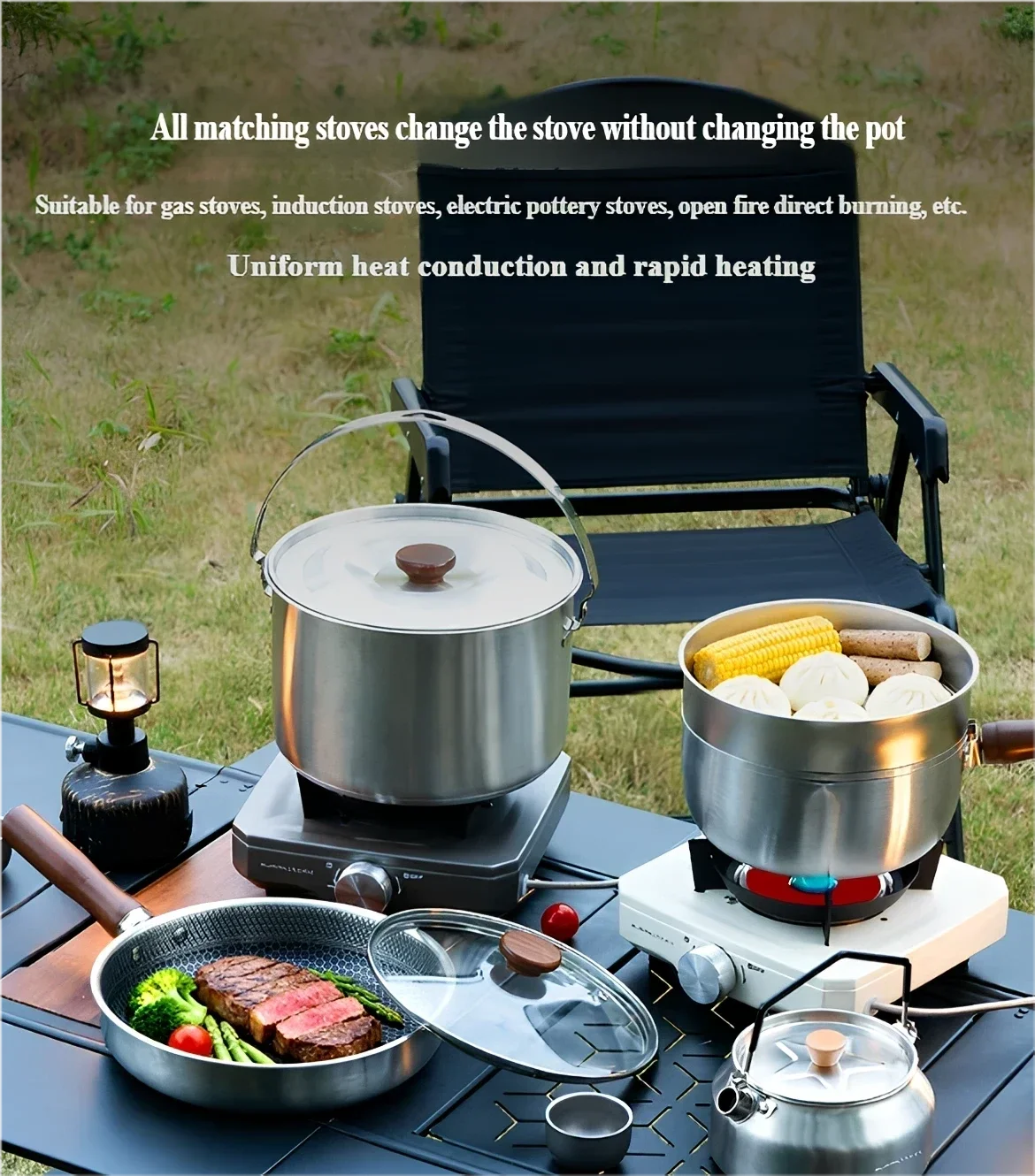 Induction Safe Stainless Steel Camping Cookware Set Non-stick Frying Pan Kettle Hanging Pot for Outdoor Picnic Mess Kit