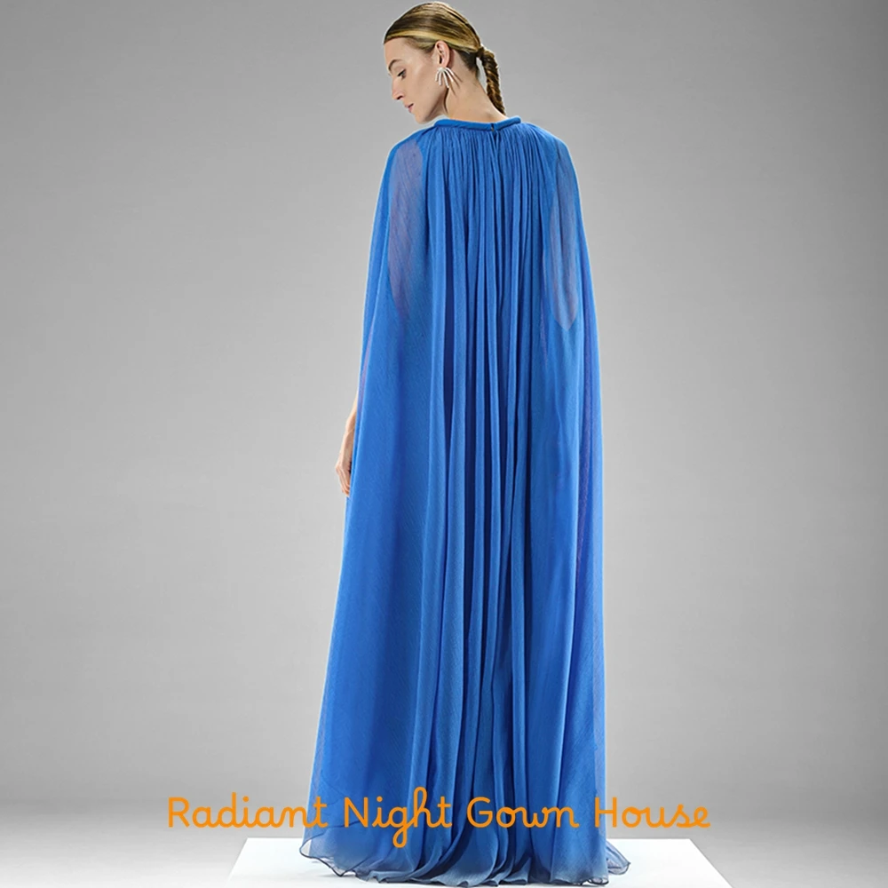 Durchsichtiges blaues Chiffon-Abendkleid mit langen Ärmeln, maßgeschneiderte Kleider für besondere Anlässe, zarte Ballkleider mit O-Ausschnitt