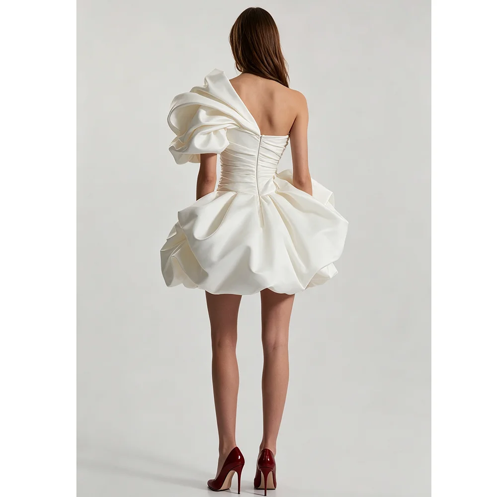 White One Shoulder Ruffled Mini Wedding Dress Ruched Waist Shiny Satin Asymmetric Bubble Hem Cocktail Party Bridal Gown