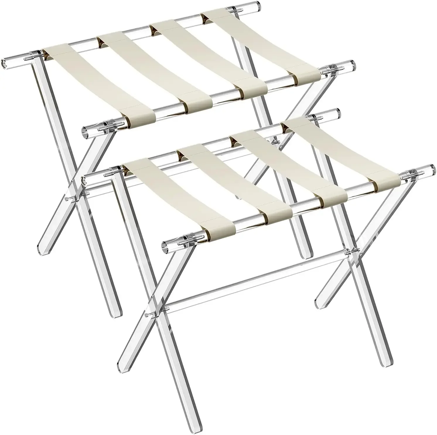 Acrylic Luggage Rack with Beige Leather Straps for Guest Room - 2 Pack Foldable Clear Fancy Suitcase Stand with Handle