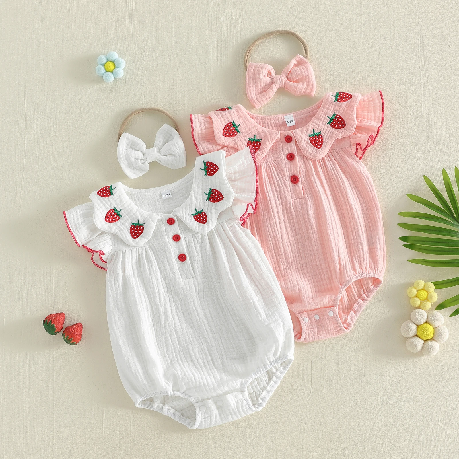 Conjunto de 2 peças para bebês meninas, adorável morango bordado, manga voadora, gola redonda, macacão e faixa de cabeça