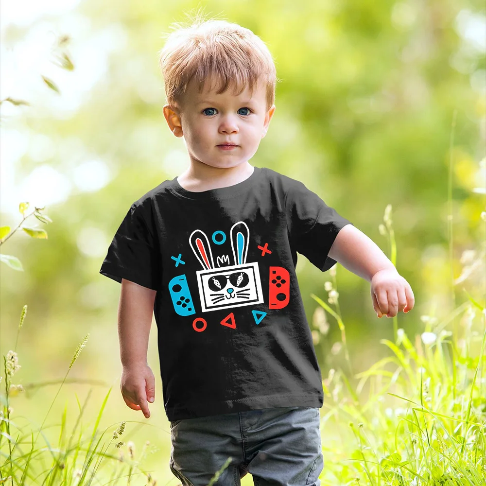 Boys Easter Day Kid Tshirt Bunny Pattern Print T-shirt Short Sleeves Crew Neck Summer Tee Top Easter Casual Kids Clothing