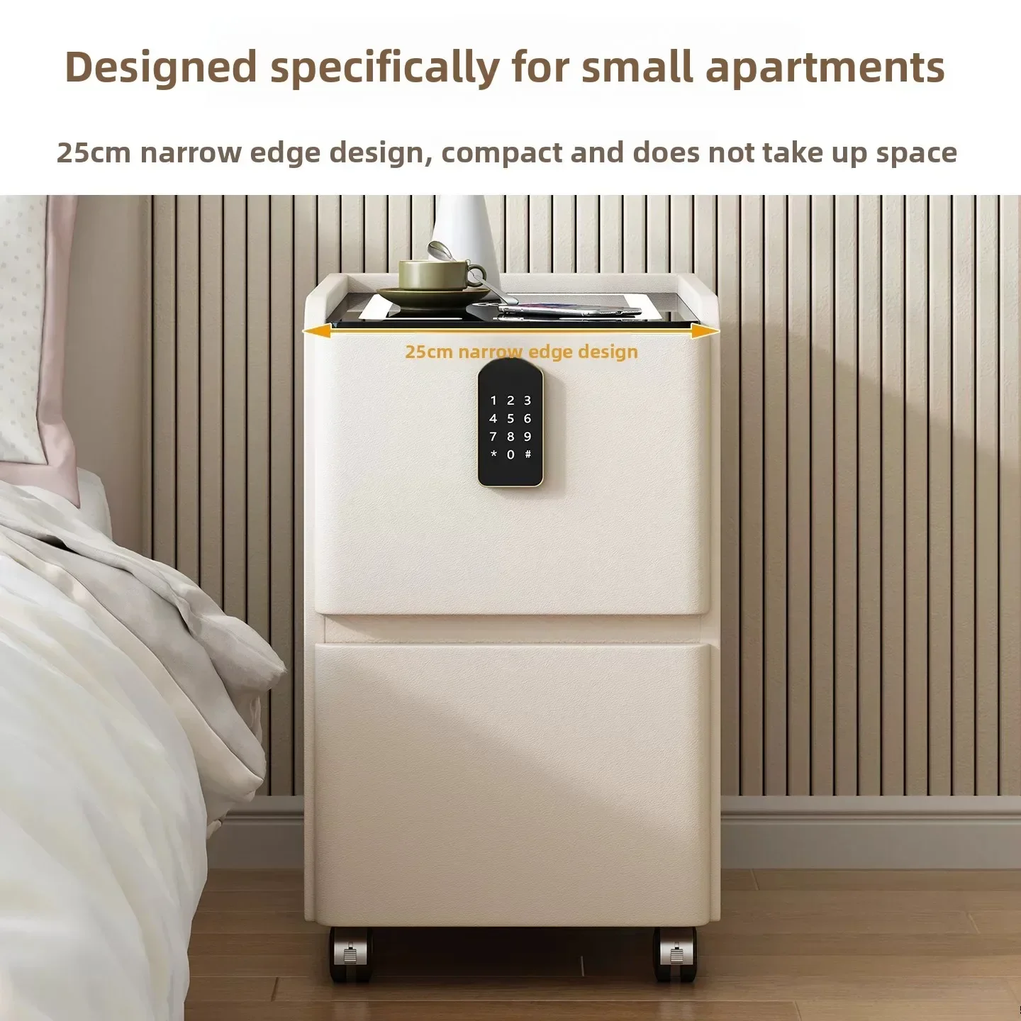 Movable small bedside table with universal wheel intelligent solid wood cat scratching skin bedroom modern narrow simple storage