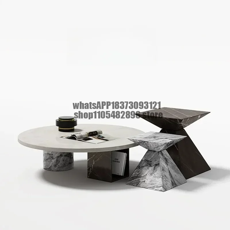 Natural marble round small coffee table can store minimalist personalized round table small apartment