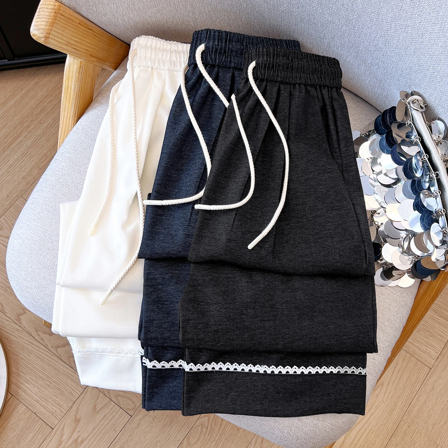 Autumn 2025 New Sle Women's Wide Leg Jeans Casual High Waist  Denim Lace Design Color Blo Dstring Straight Cut