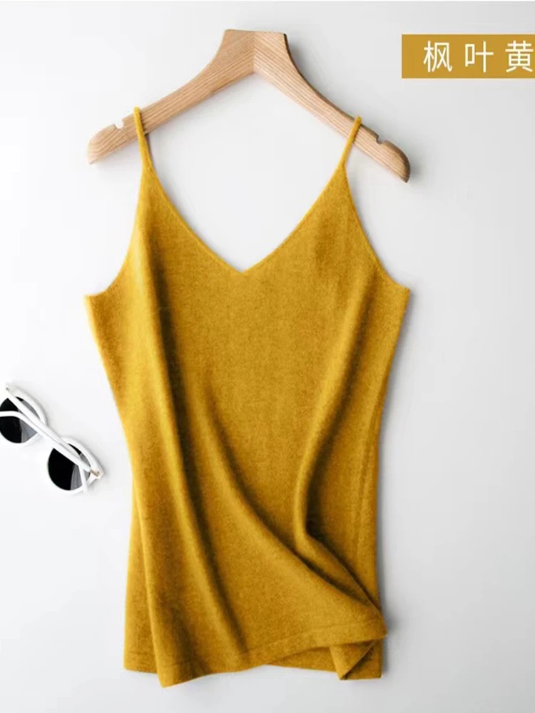 

2024 All Seasons New Women's Sleeveless High Quality Wool Knitted Sling Vest V-Neck Sexy Versatile Simple Basic Bottom Camisole