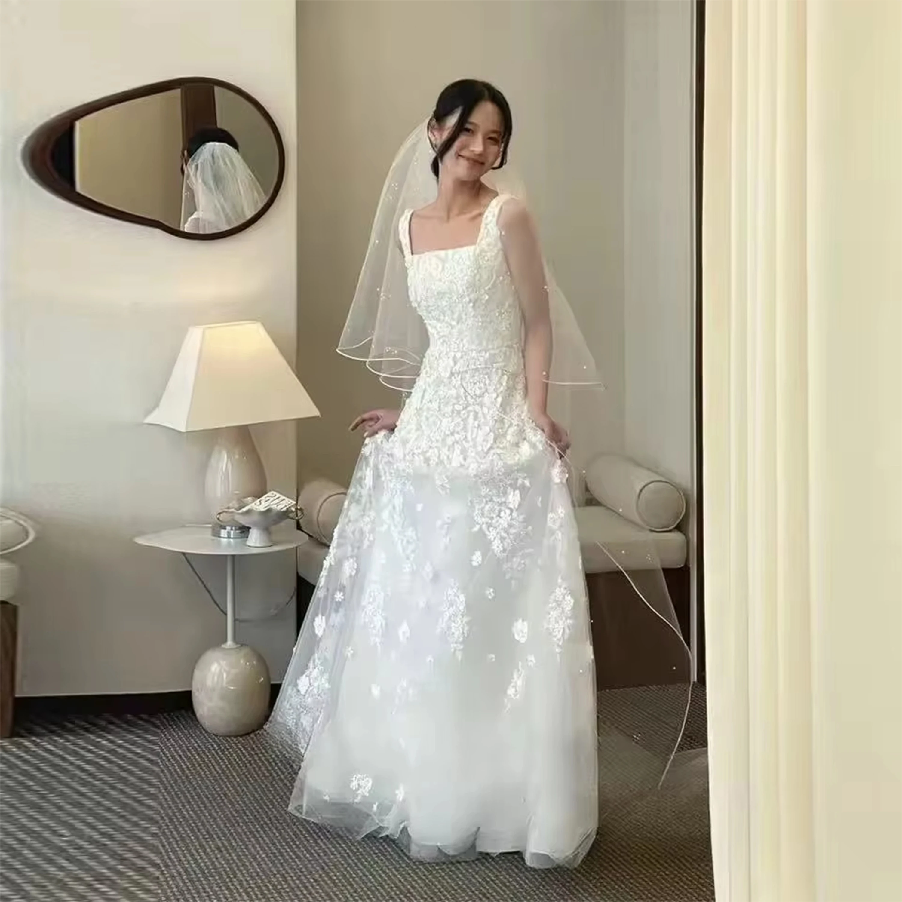 Lace Appliques Wedding Dresses Corset Back Square Neck Bridal Gown A-Line 3D Flowers Spaghetti Straps Wedding Gown Customized