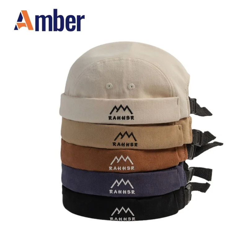 

Amber Embroidery Brimless Cap Without Visor Docker Caps Letter Mountain Pattern Beanie Skullcap Adjustable Hip Hop Vintage Style