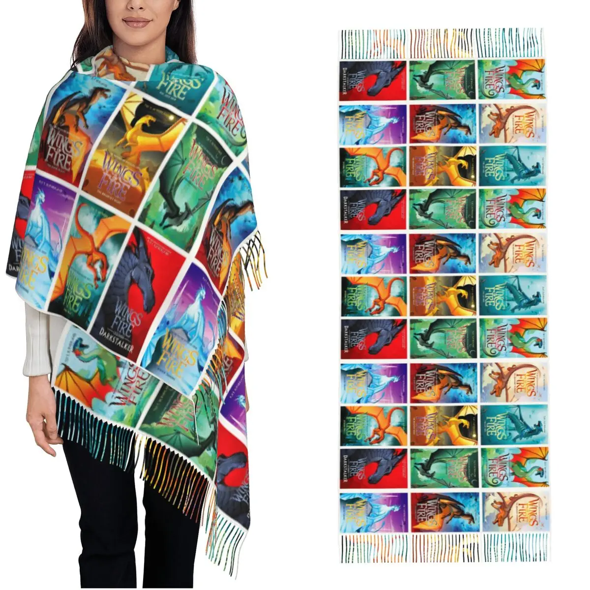 Womens Tassel Scarf Wings Of Fire Dragon Collection Large Winter Warm Shawl and Wrap Cartoon Sky Ice Seawings Pashmina Scarves