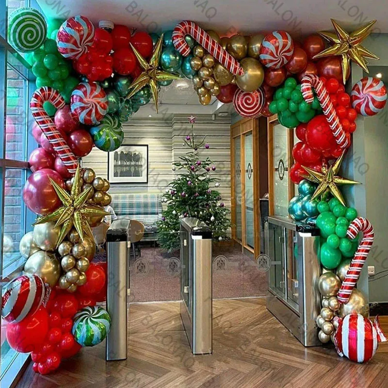 Weihnachten rot grün Ballon Girlande Bogen Kit Folie Zuckerstange Luftballons mit Chrom Gold Luftballons für Weihnachtsfeier Dekorationen