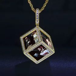 Hip Hop Diamond Cube Pendant Necklace Custom Family Memory Photo Frame 6 Sides Pictures Personalized Jewelry Crystal Necklaces