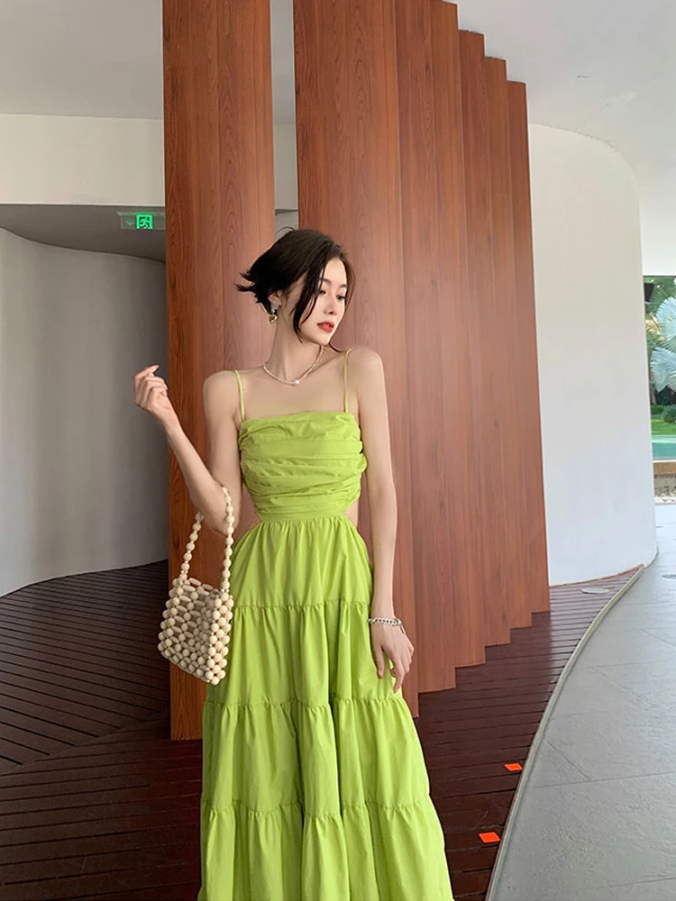 Sexy Hollow Out Green Dresses Summer 2023 Sleeveless High Waist Solid Designer New In Clothes Midi Dresses Robes Femme vestidos