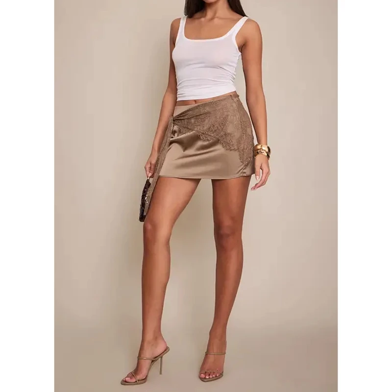 Women's Summer Y2k Satin Silk Mini Skirts Elegant High Waist Floral Lace Wrapped Patchwork Slim Bodycon Pencil Skirts