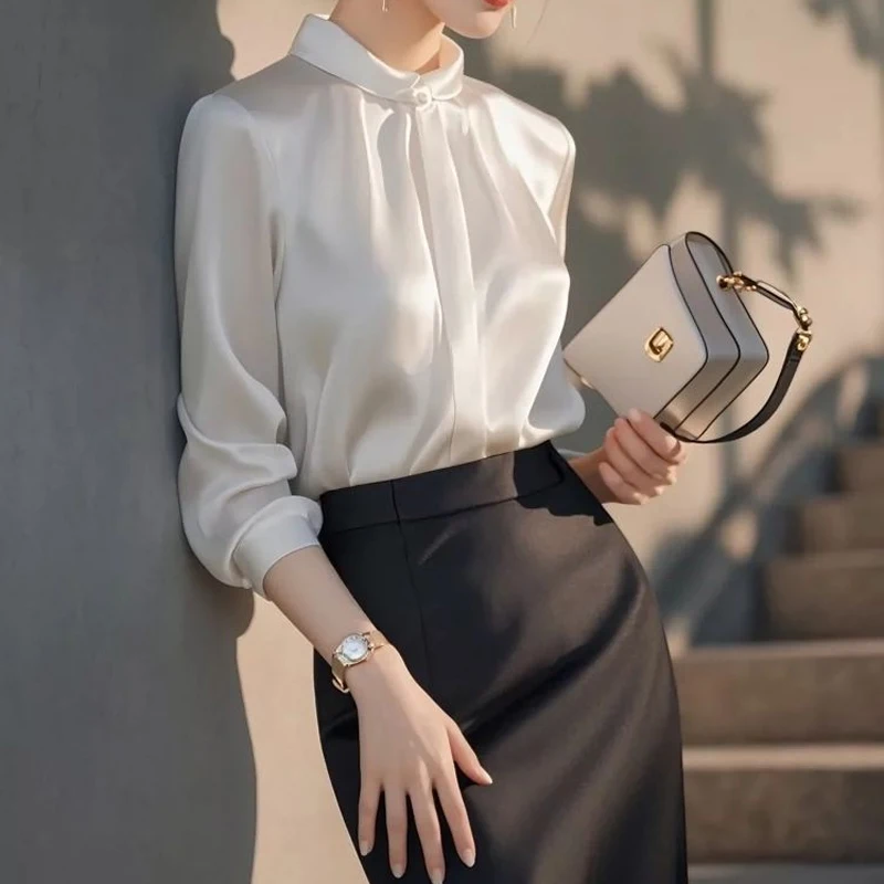 Women Clothing Temperament Solid Simplicity Blouse Long Sleeve Elegant All-match Shirt Tops Fashion High Street Spring Autumn