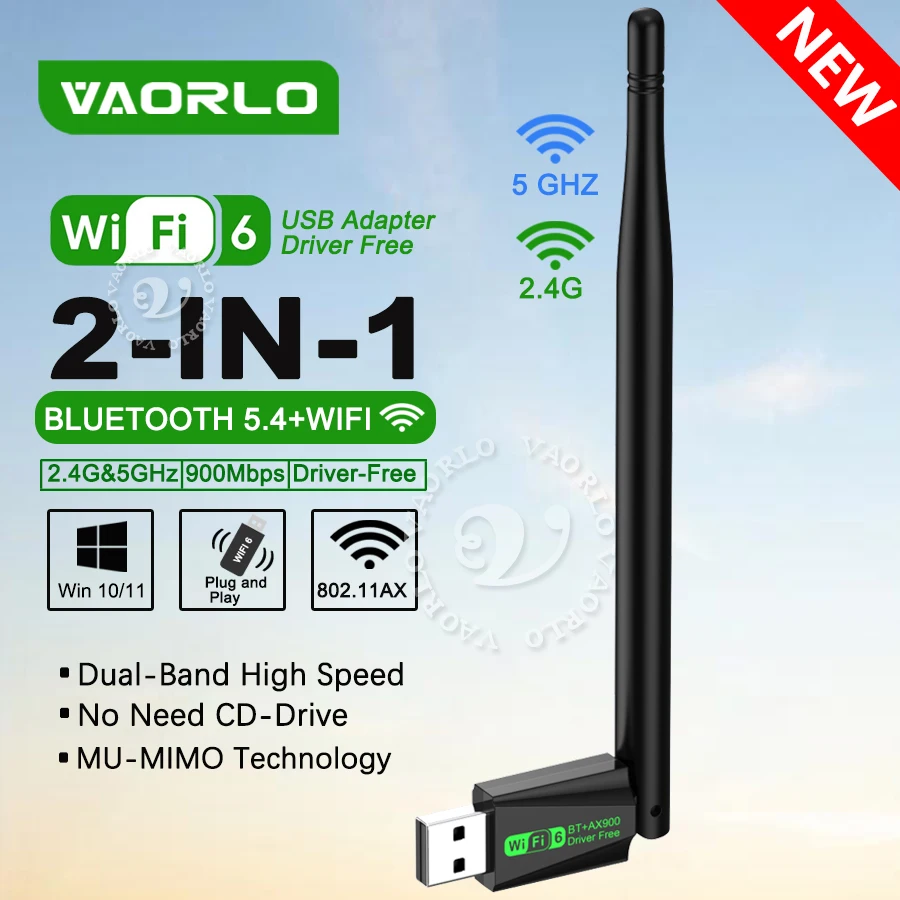 

900 Мбит/с 2 в 1 двухдиапазонный 2,4 ГГц/5 ГГц WiFi Bluetooth 5.4 USB-адаптер Wi-Fi Dongle 802.11AC высокоскоростной беспроводной сетевой приемник для ПК и ноутбуков Windows 10/Windows 11 с поддержкой MU-MIMO для подкл