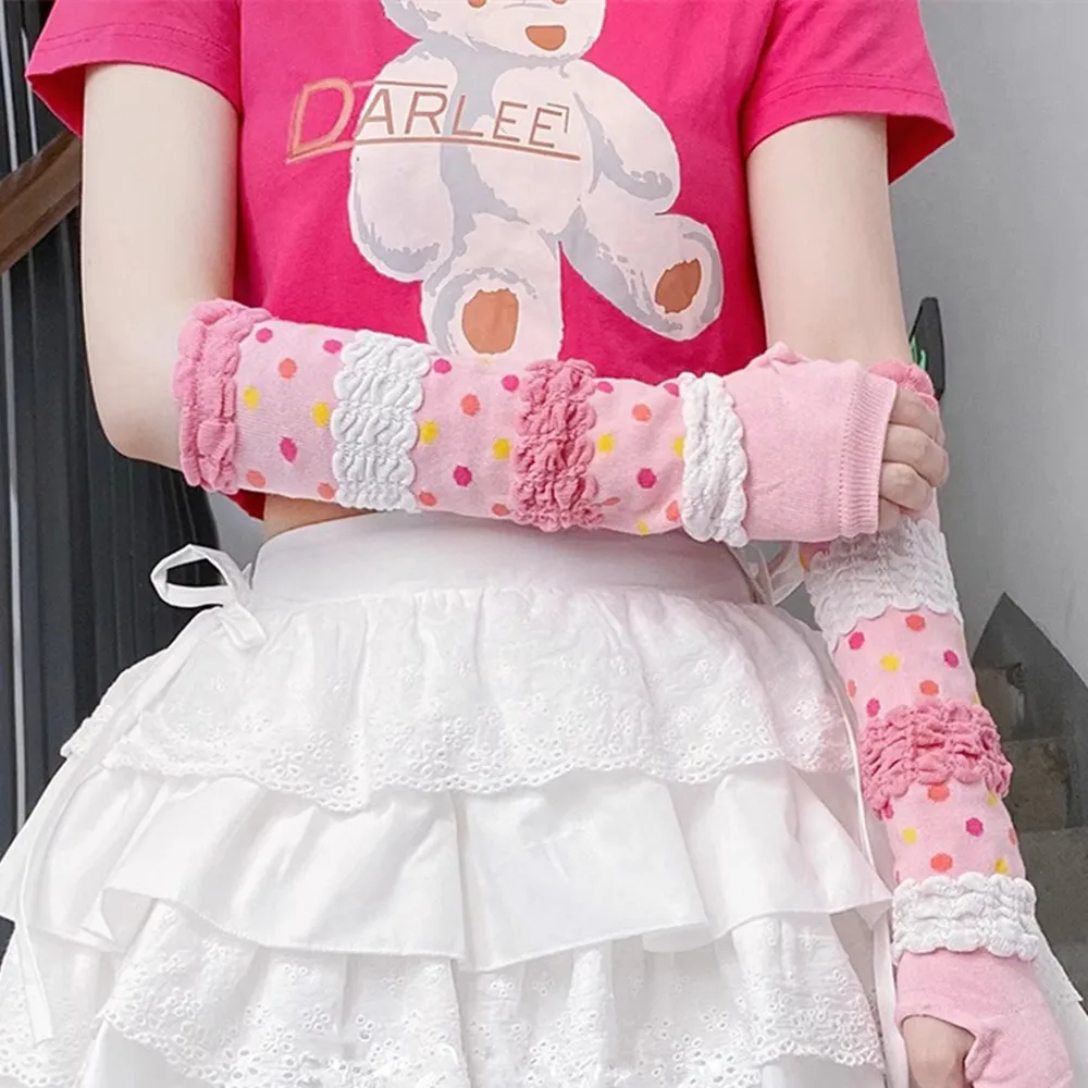 Lolita Hot Girl Sunscreen Arm Sleeves Pink Striped Summer Arm Warmers Air-conditioning Cotton Arm Cover Sun Protect Puff Sleeves