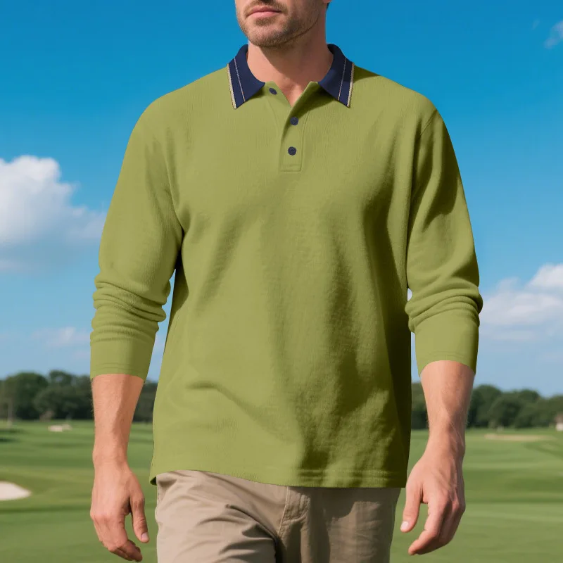 Frühling Herbst Männer Taste reine Farbe Umlegekragen lässig Perle Netz Auge Poloshirt Top Männer lose atmungsaktive Langarm-T-Shirt