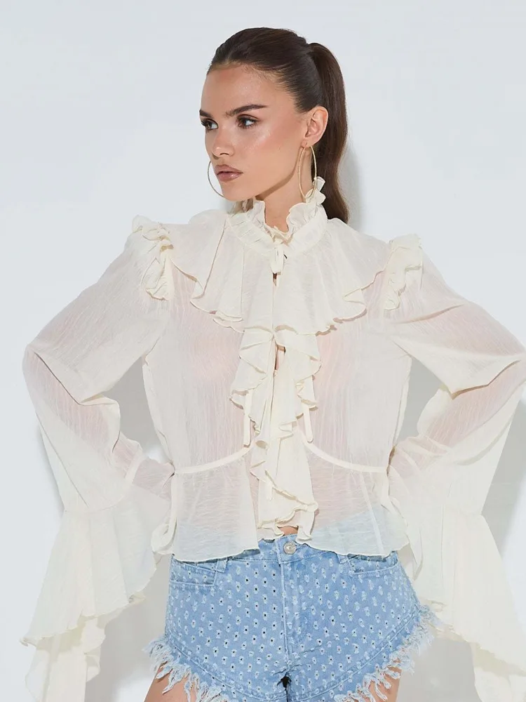 Articat Fashion Long Sleeve Ruffled Chiffon Tie Top T-Shirt Women Elegant Half High Collar Slim Female Autumn New 2025 Clothing
