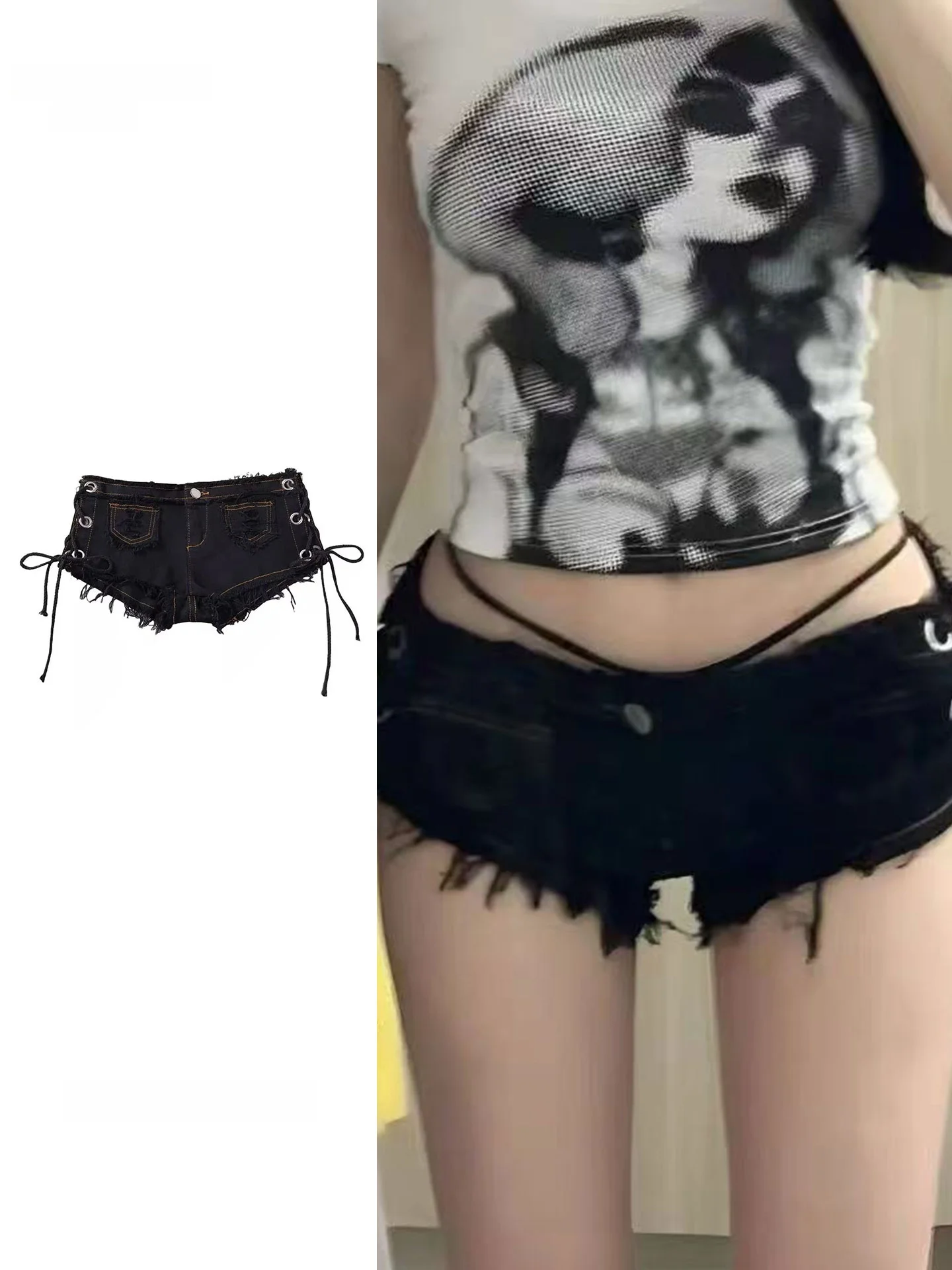 Black Sexy Spicy Girl Lace-Up Side Hollow out Denim Super Shorts Women Summer Sexy Frayed A-Line Body Contour Hot Pants