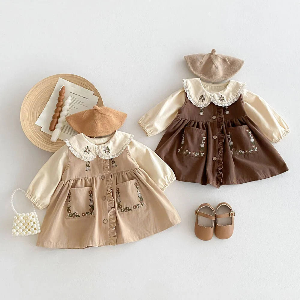 2024 New Autumn Kids Dress Set Children Cute Embroidered Flowers Sundress Girls Beige Lace Floral Shirt