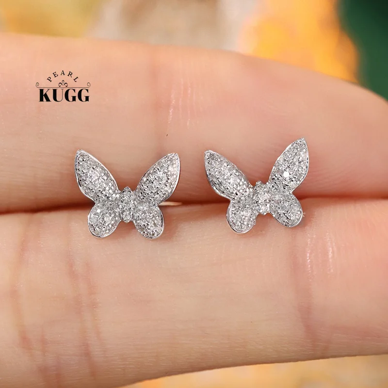 KUGG 100% 18K White Gold Earrings Fashion Butterfly Design 0.30carat Real Natural Diamond Stud Earrings for Women Birthday Gift