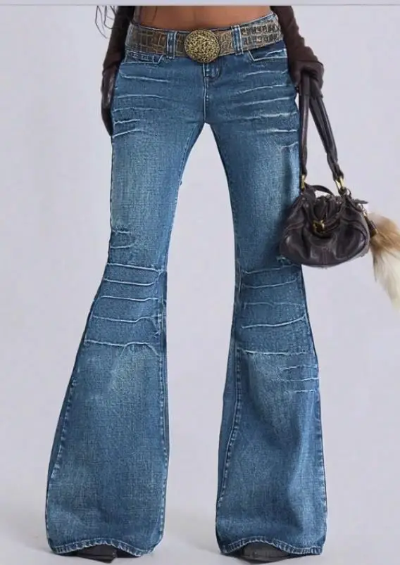 الربيع والخريف خمر مطوي مطبوعة منخفضة الخصر متوهج السراويل للنساء، الاتجاه العصري والأنيق متوهج السراويل الجينز