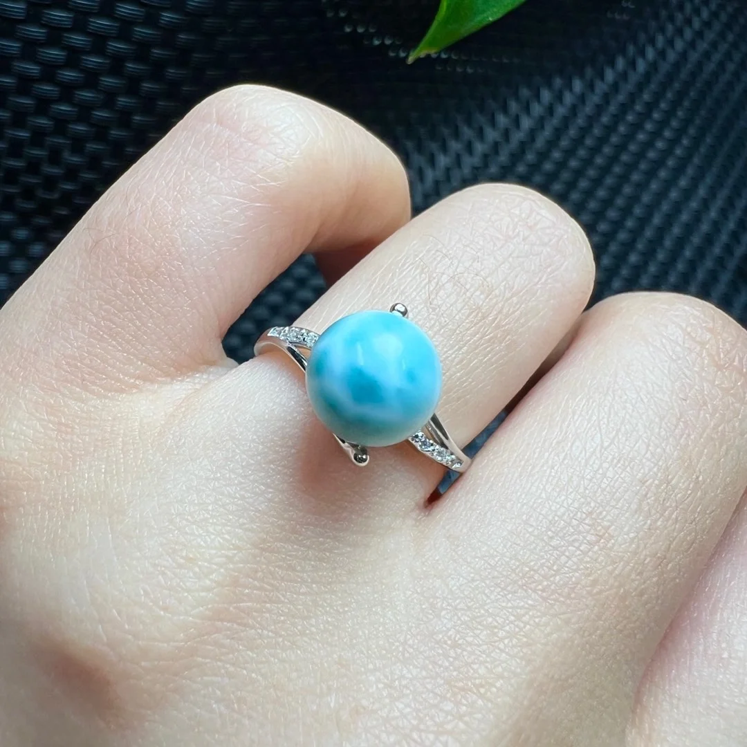1 Pc Fengbaowu Natural Dominican Republic Larimar Sphere Ring 925 Sterling Silver Reiki Healing Stone Jewelry Gift Women