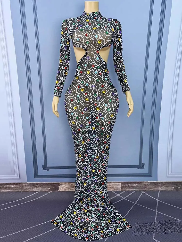 고품질 반짝이는 색상 핫 스탬핑 섹시한 백리스 메쉬 드레스 2025 신상 맞춤 여성 의류