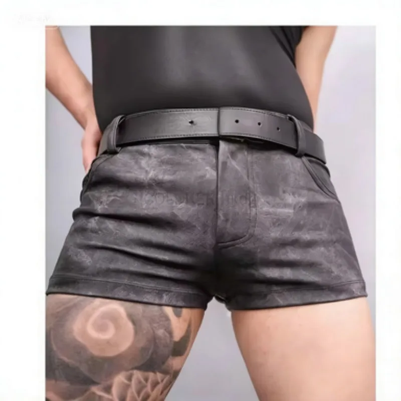 

Мужские джинсовые шорты в корейском стиле из искусственной кожи, облегающие, с эластичным поясом, для вечеринок, клубов, сексуальные шорты для мужчин