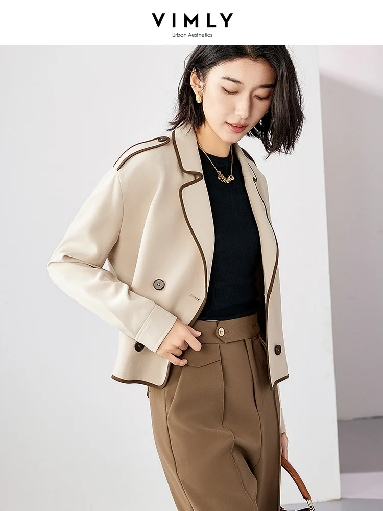 Vimly Contrast Notched Collar Cropped Jackets for Women 2023 Autumn Fashion Long Sleeve Double Breasted Loose Female Coats M2820