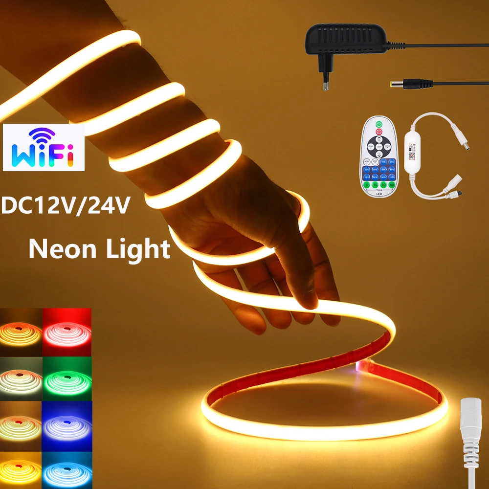 WIFI COB LED Neon Strip Light 12V 24V Dimmable 23Keys Remote EU Power Kit 320LEDs/M Flexible Tape Waterproof 9 Colors Home Decor