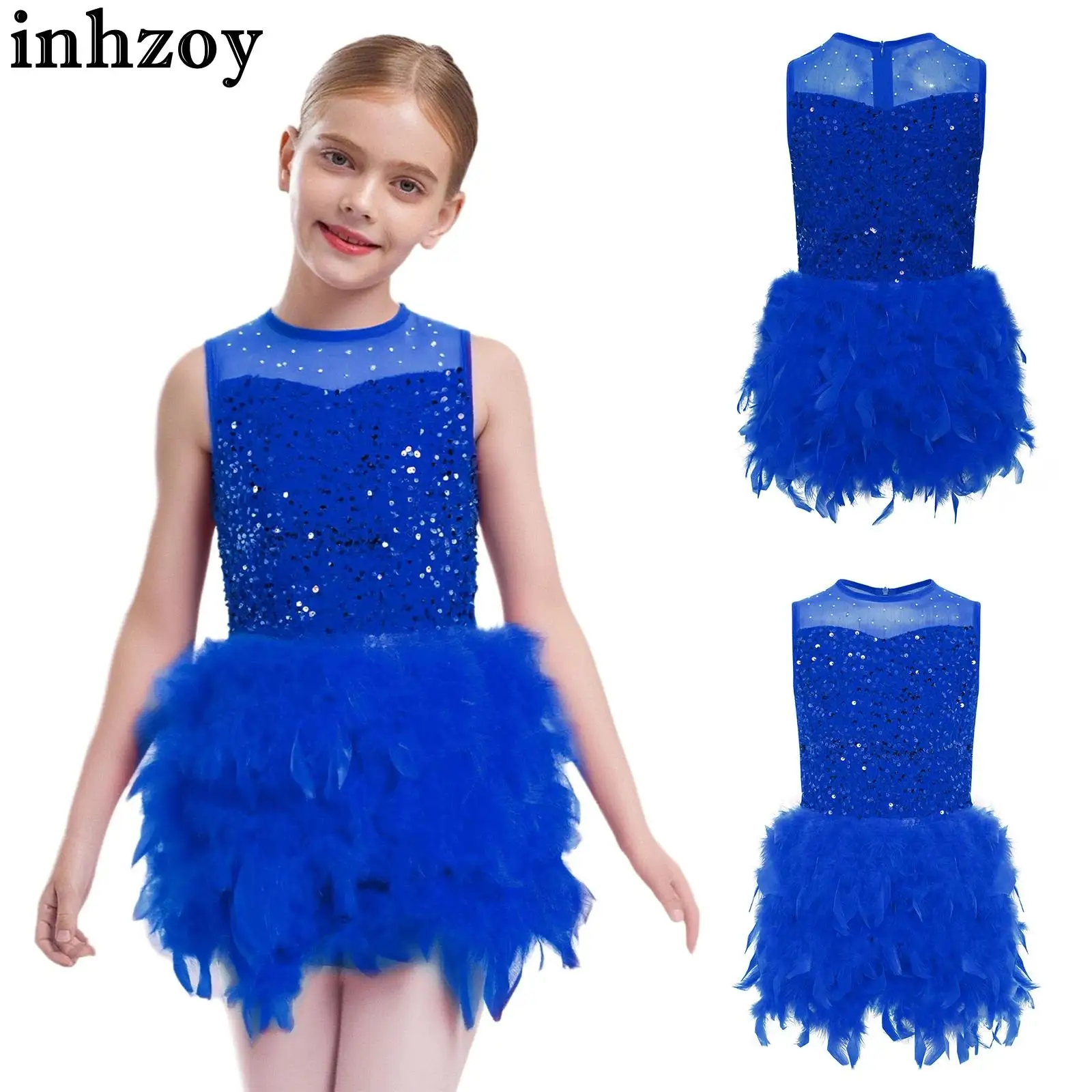 Children Girls Ballet Dance Dress Sleeveless Sheer Mesh Sequins Feather Velvet Tutu Leotard for Figure Skating Lyrical Dancing