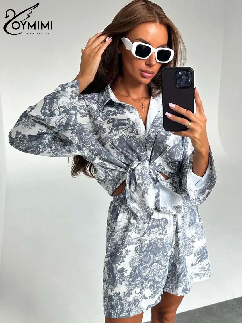 

Oymimi Casual Grey Print Women 2 Piece Set Outfit Fashion Long Sleeve Button Shirts And High Waist Shorts Sets Female Streetwear