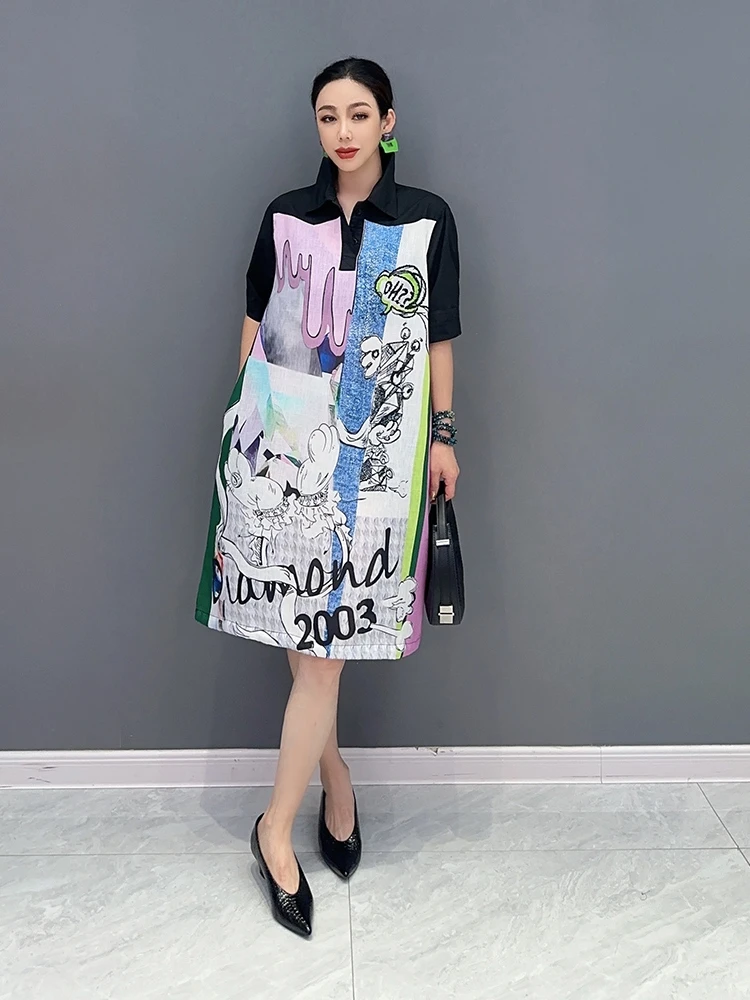 The new summer 2023 ms printed shirt dress with short sleeves comic splicing cowboy show thin big yards dress anime t shirts