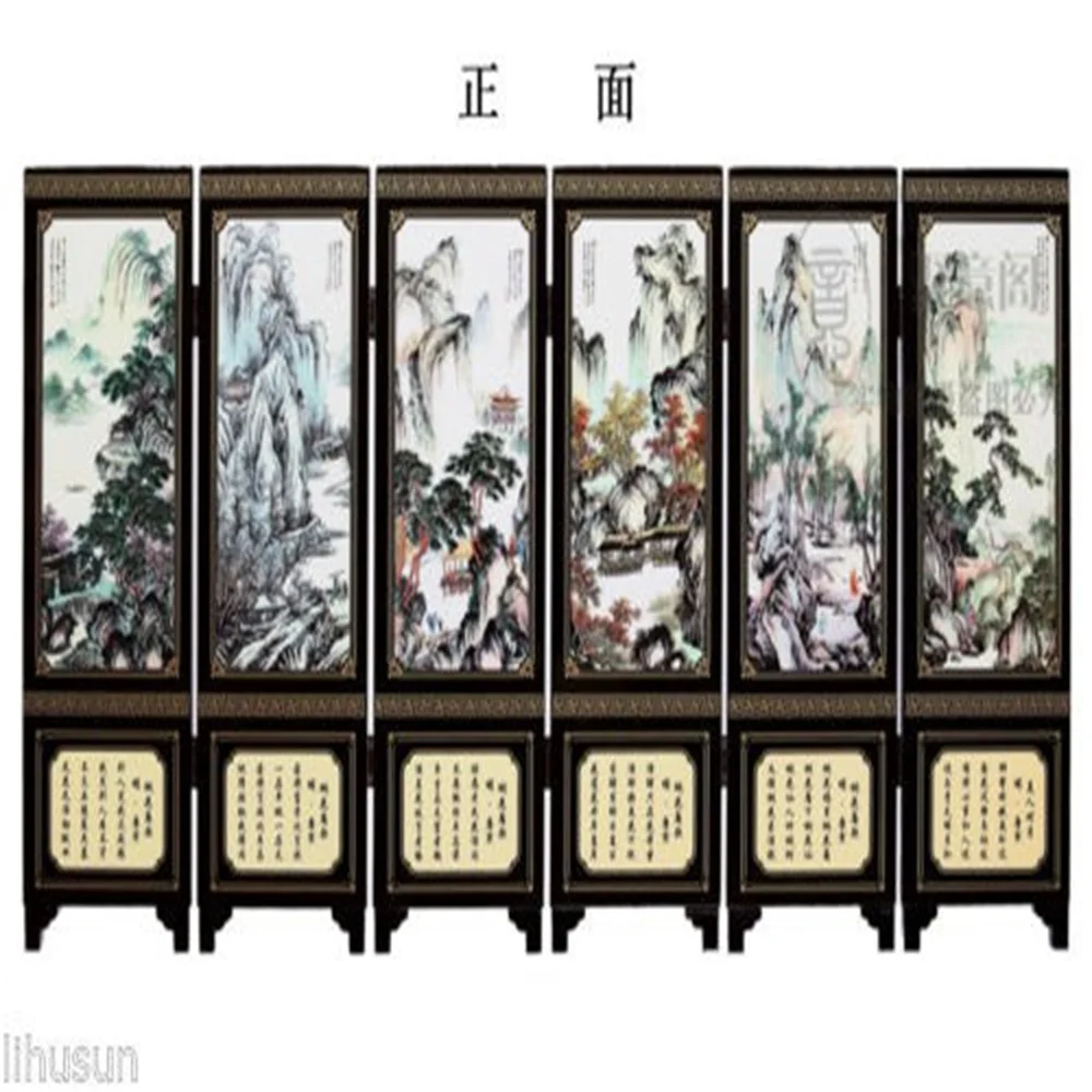 

Chinese Handmade Vintage Mountain&River Wooden Lacquer Six Pieces Folding Screen