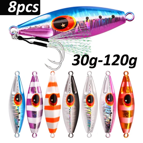 8 unids/lote plantilla de Metal señuelo de pesca pesas 30g-120g plantillas de pesca señuelos de agua salada lubina Isca Artificial pez falso brillo holográfico
