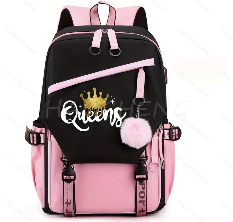 Backpacks USB Capacity Golden Queens Print For Teens Women Girls Canvas Schoolbag Student Book Bag Patchwork School Mochilas