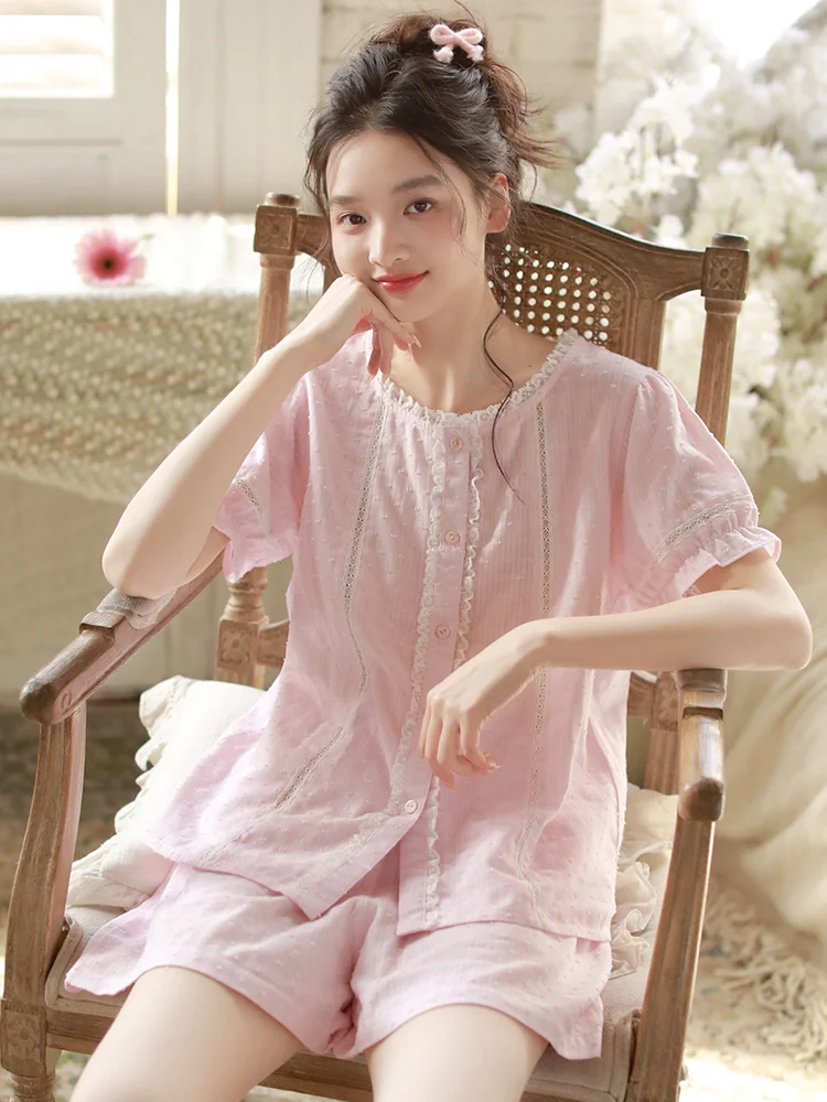 new-summer-women-pajamas-fresh-cute-short-sleeved-shorts-high-end-comfortable-breathable-french-round-neck-cardigan-home-suit