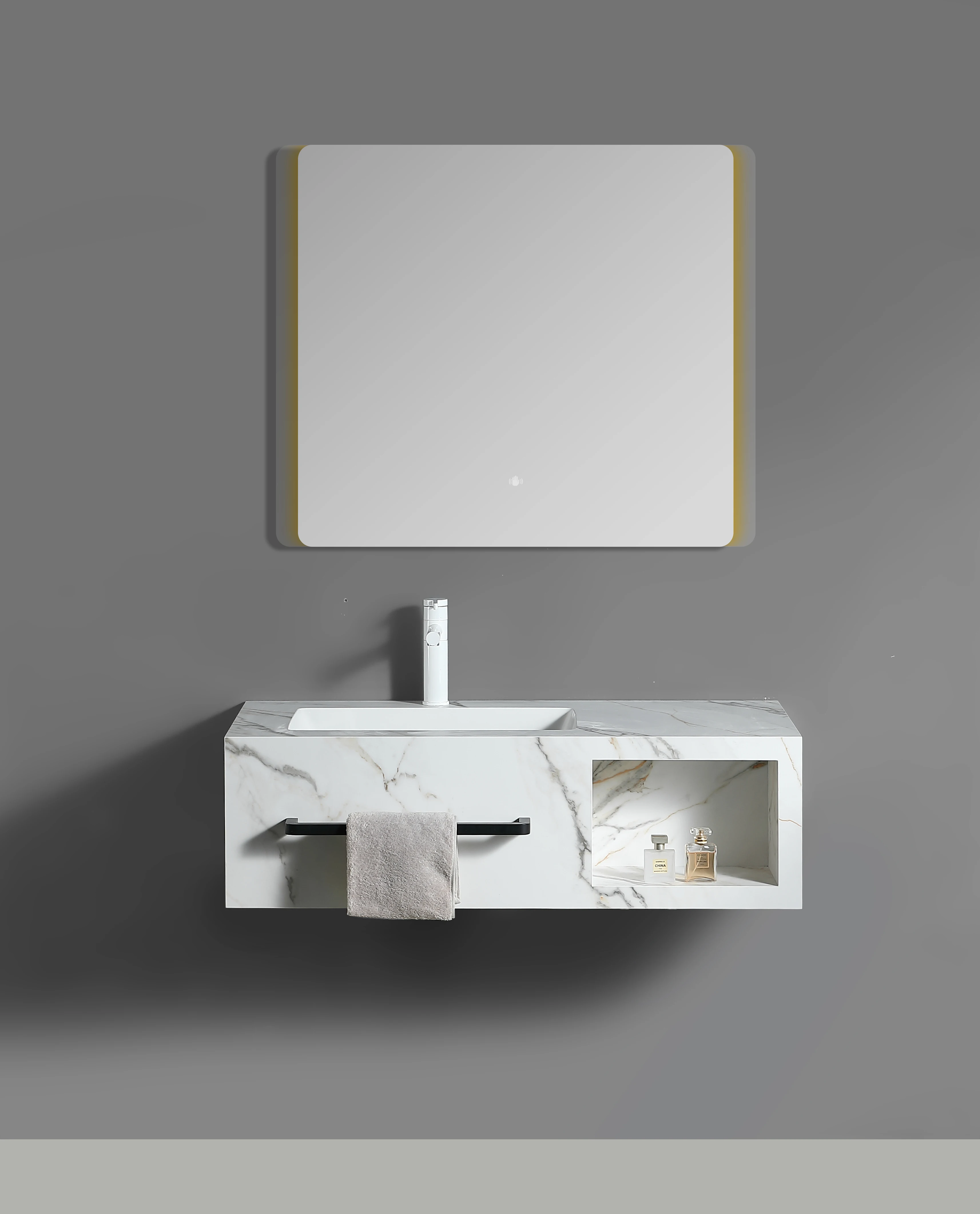 Modern Style Smart LED Bath Mirror Water Resistant Sintered Stone Ceramic Bathroom Vanity Wall-Mounted Design 3-Year Warranty