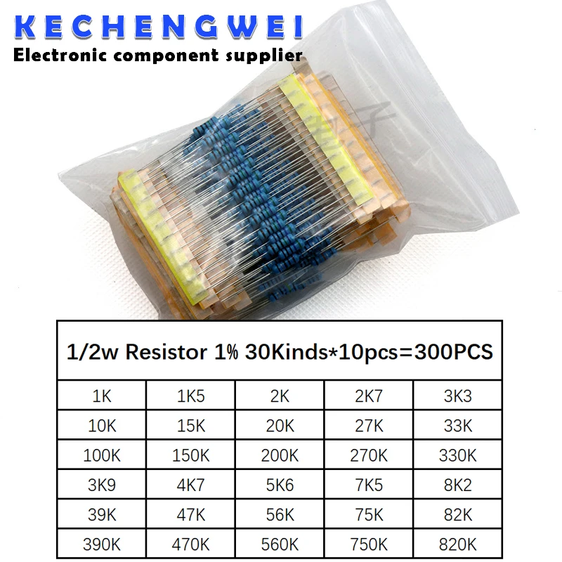 

300pcs 1K-820K Ohm 1/2w Resistance 1% Metal Film Resistor Assortment Kit Set 30Kinds*10pcs=300PCS