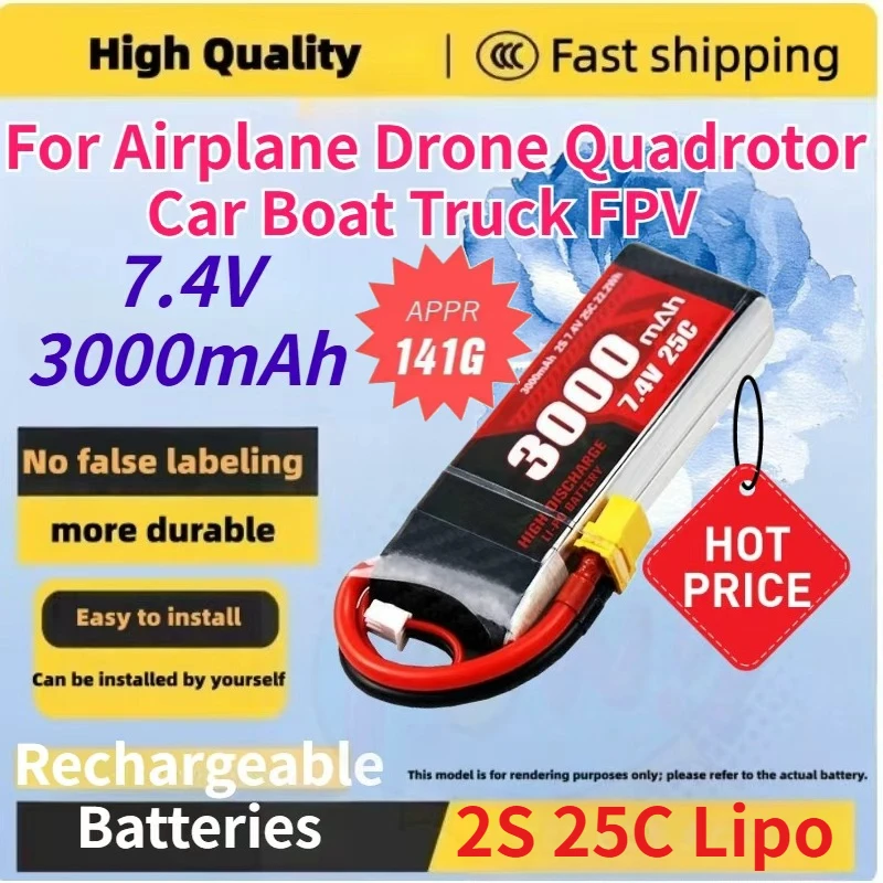 

High capacity 7.4V 3000mAh 2S 25C Lipo Rechargeable Battery for Airplane Drone Quadrotor Car Boat Truck FPV